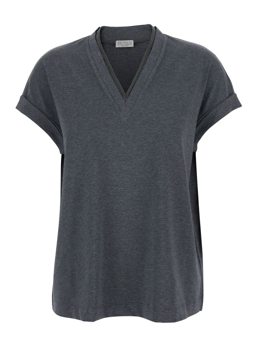 Grey V-Neck T-Shirt With Monile Detail On The Front In Cotton Woman