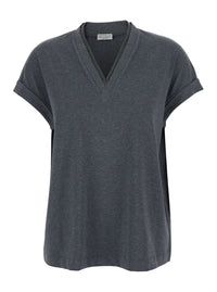 Grey V-Neck T-Shirt With Monile Detail On The Front In Cotton Woman