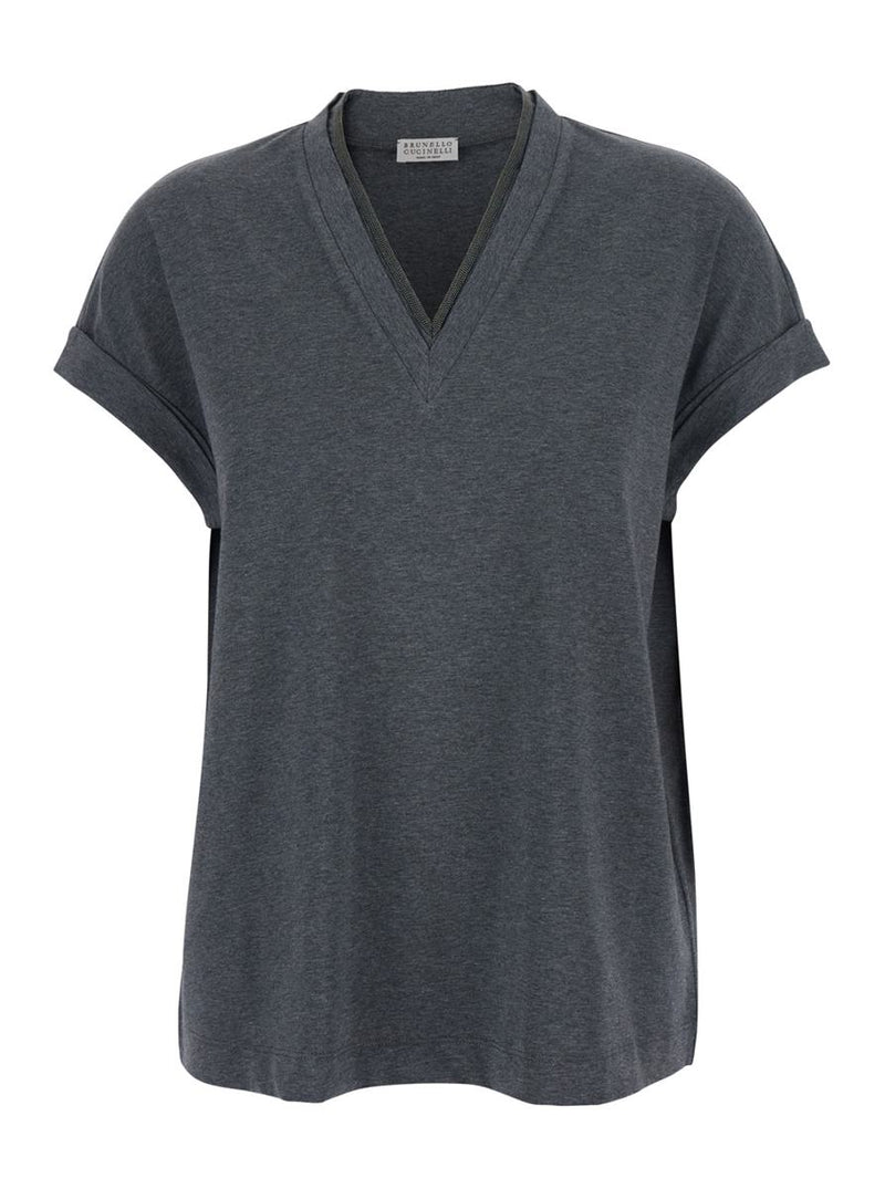 Grey V-Neck T-Shirt With Monile Detail On The Front In Cotton Woman