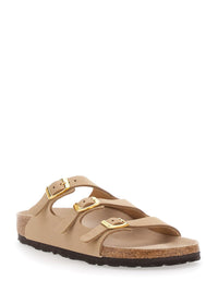 'Florida' Beige Sandals With Buckle With Logo Lettering In Leather Woman