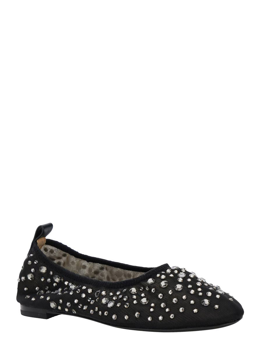 Black Ballet Flats With All-Over Crystals Application In Tech Fabric Woman