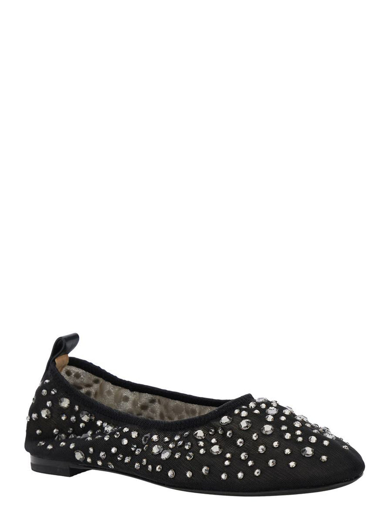 Black Ballet Flats With All-Over Crystals Application In Tech Fabric Woman