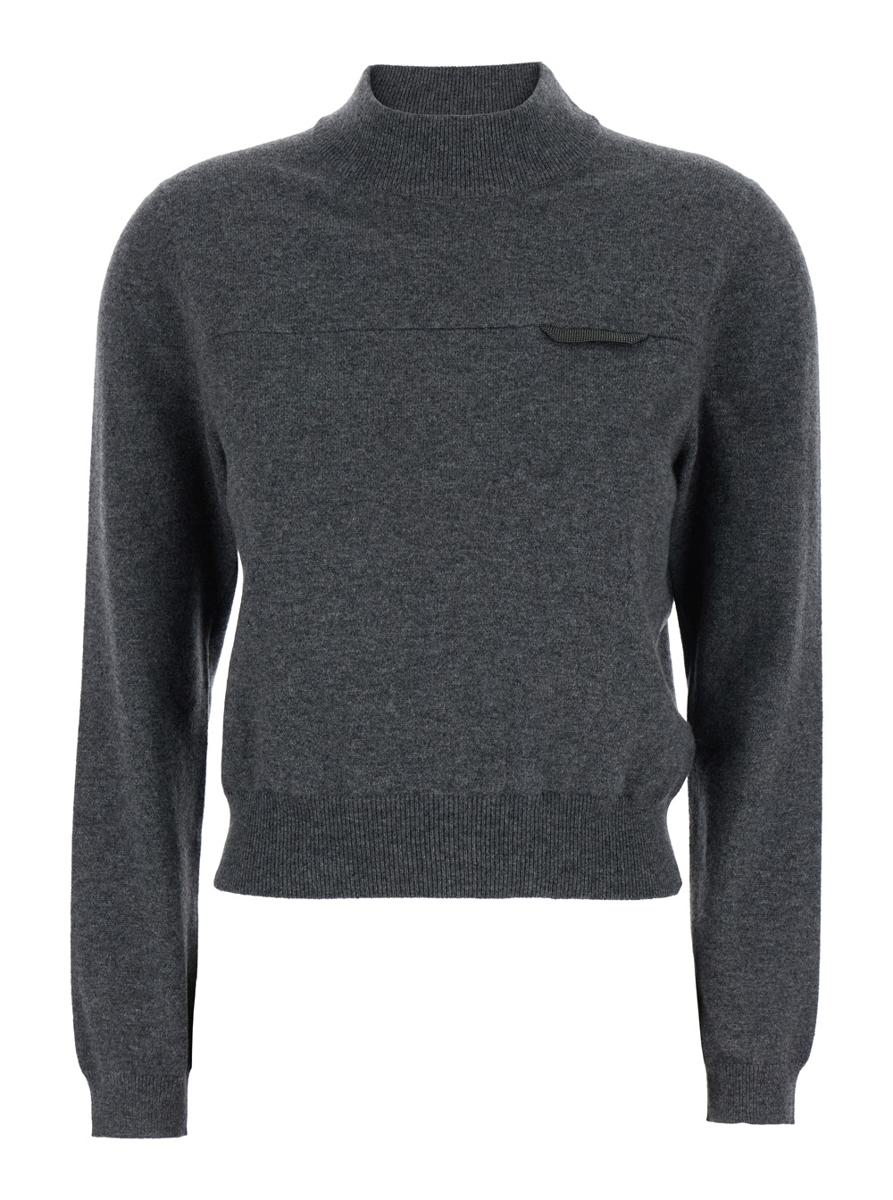 Grey Sweater With Mock Neck And Monil Detail On The Front In Cashmere Woman