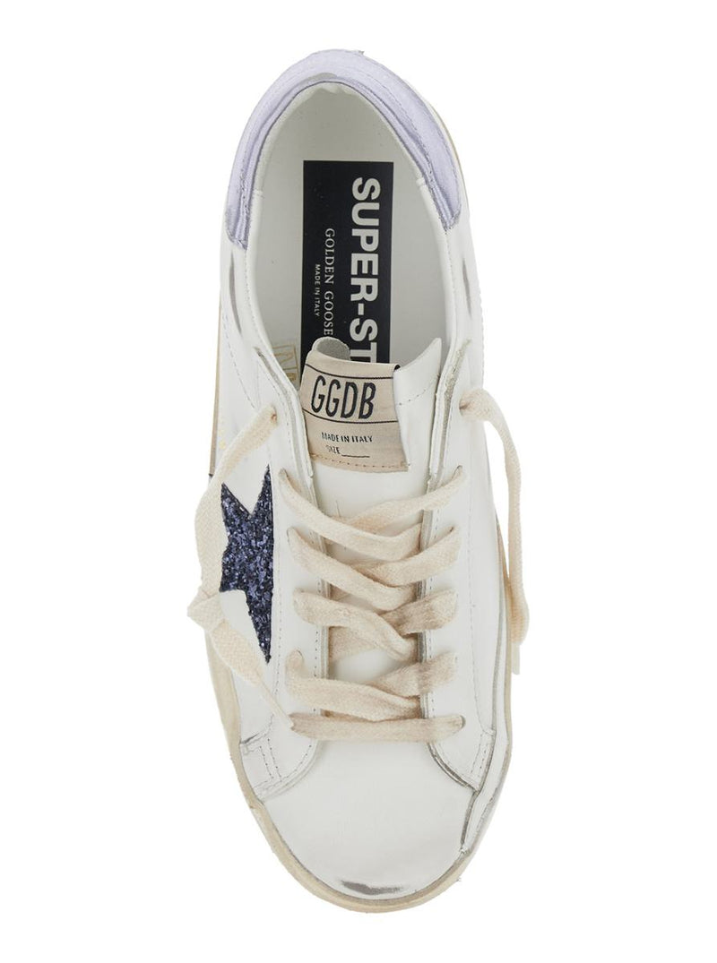 'Superstar' White Low Top Sneakers With Glittered Star Patch And Laminated Heel With Logo Lettering In Leather Woman