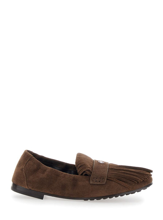 Brown Loafers With Fringe And Metallic Logo In Suede Woman