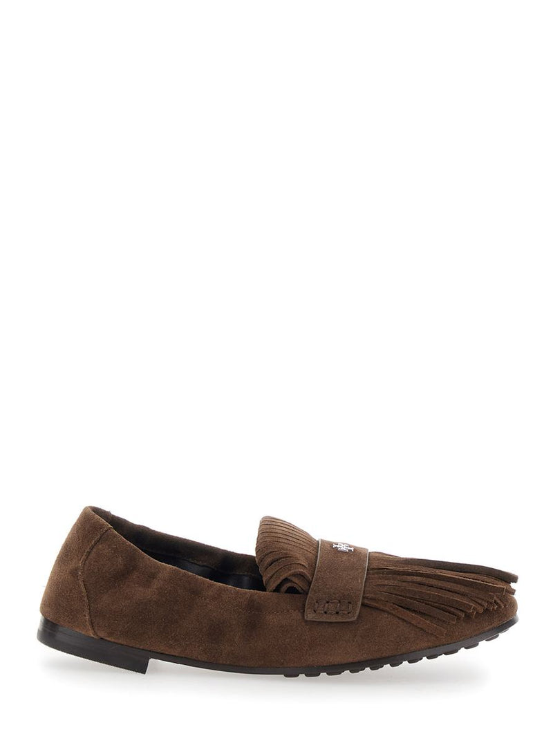 Brown Loafers With Fringe And Metallic Logo In Suede Woman