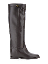 Dark Brown Boots With Padlock Detail And Low Block Heel In Leather Woman