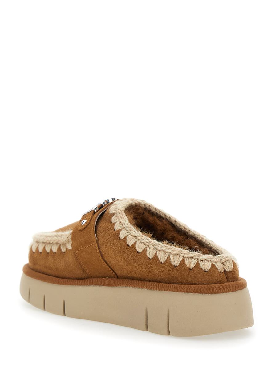 'Bounce' Beige Mules With Logo Lettering And Open Rear In Leather Woman