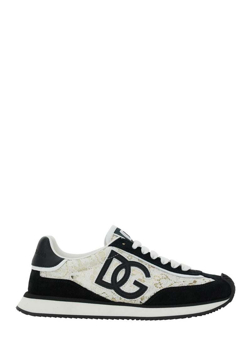 Black And White Low Top With Lace Details And Dg Patch On The Side In Fabric And Suede Blend Woman