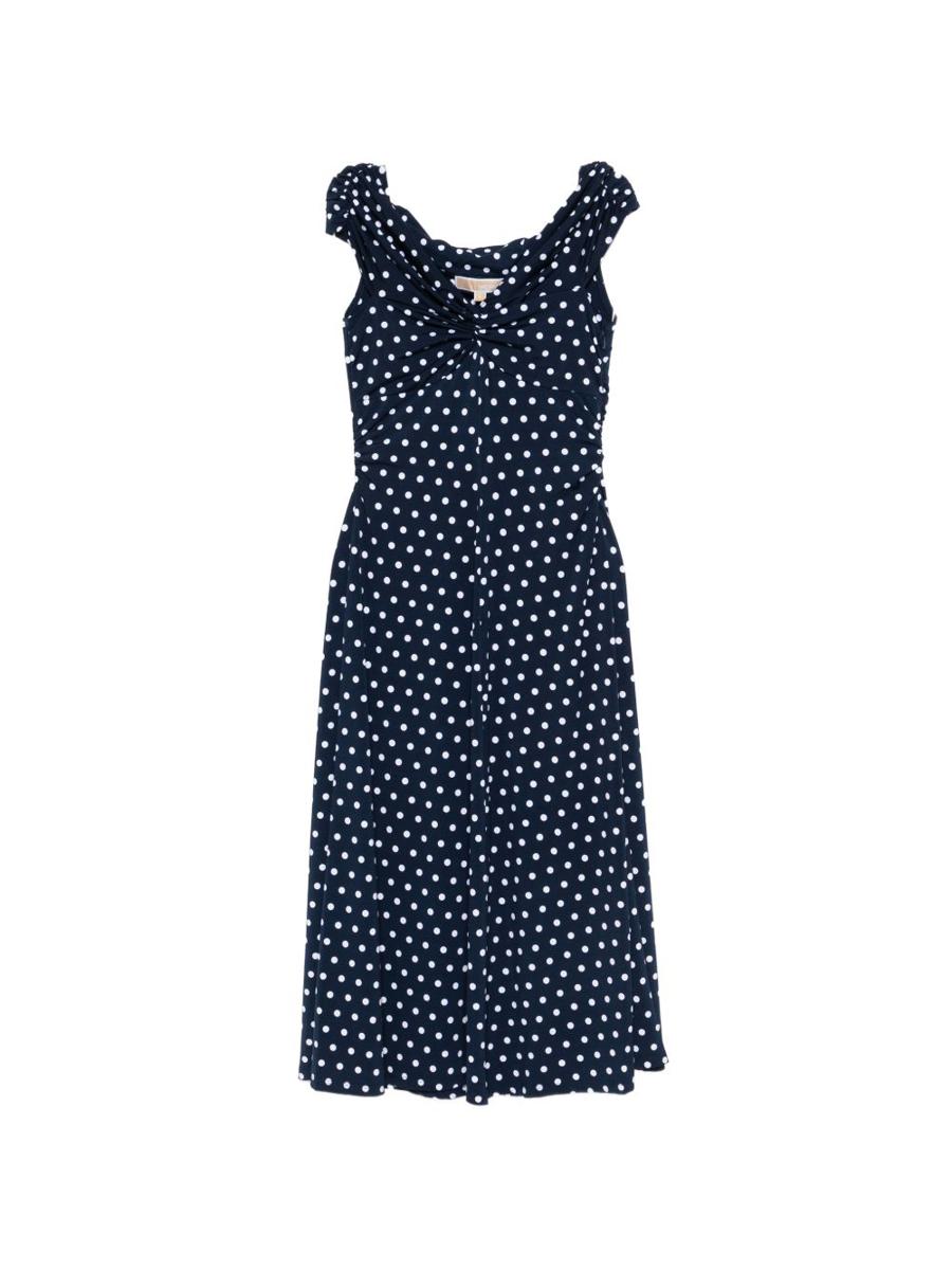 Michael Kors Blue Midi Dress With Polka Dots And A V-Neck
