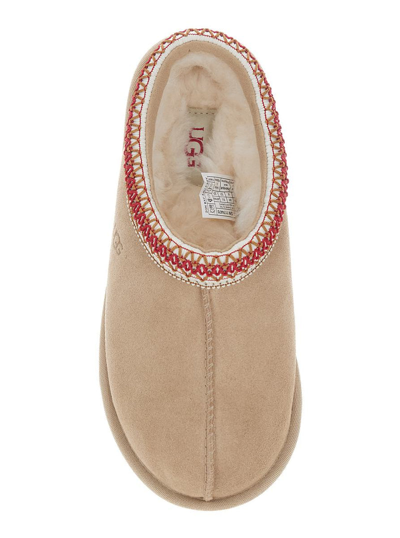 'Tasman Ii' Beige Mules With Round Toe And Embroidered Detail In Leather Woman
