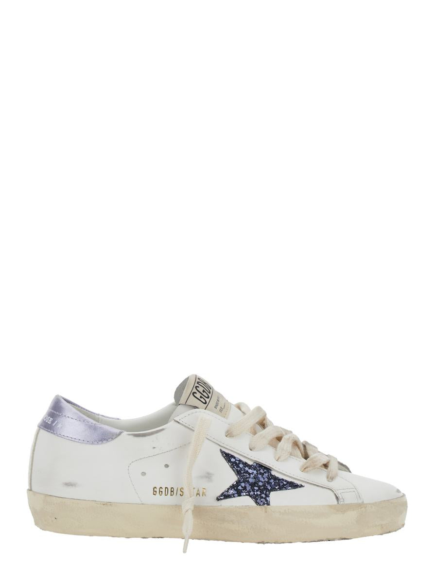 'Superstar' White Low Top Sneakers With Glittered Star Patch And Laminated Heel With Logo Lettering In Leather Woman