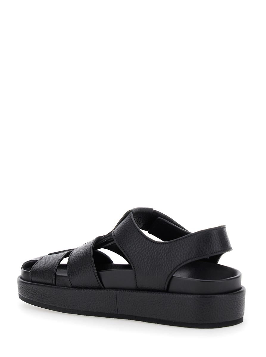 'Kira' Black Sandals With Logo Plaque In Grained Leather Woman