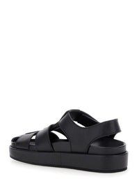 'Kira' Black Sandals With Logo Plaque In Grained Leather Woman