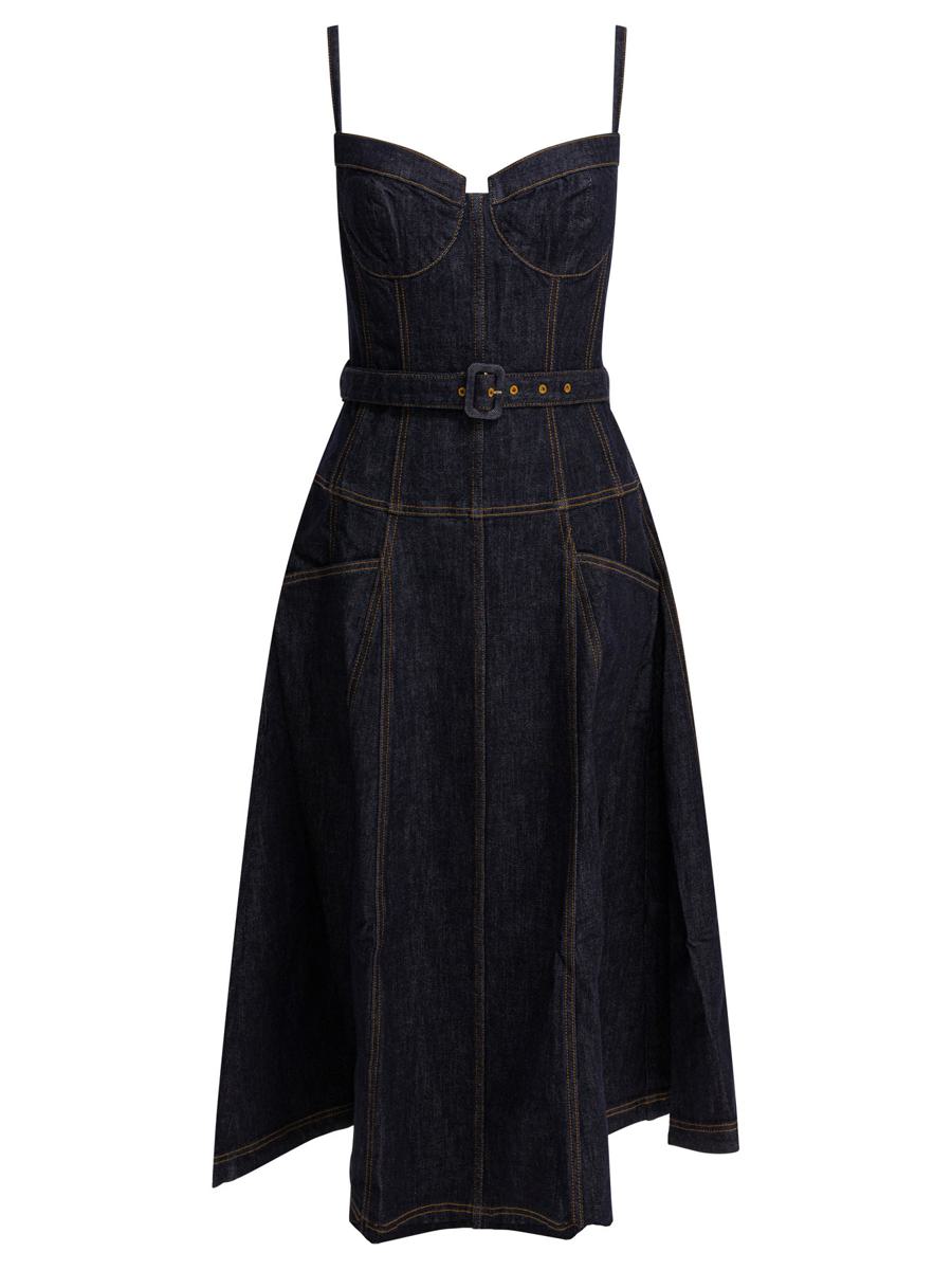 Self-Portrait Denim Flared Midi Dress