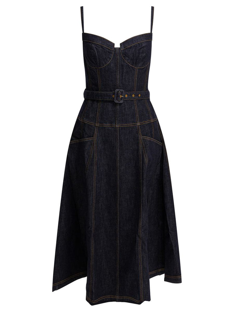 Self-Portrait Denim Flared Midi Dress