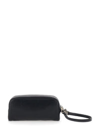 Black Clutch With Wrist Strap And Logo Lettering On The Front In Leather Man