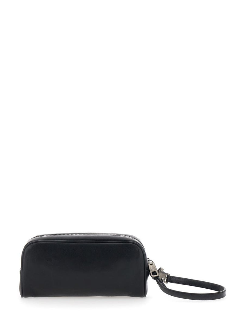 Black Clutch With Wrist Strap And Logo Lettering On The Front In Leather Man