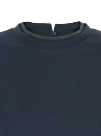 Blue Crewneck T-Shirt With Monil Detail On The Collar And Rear Cut-Out In Cotton Stretch Woman