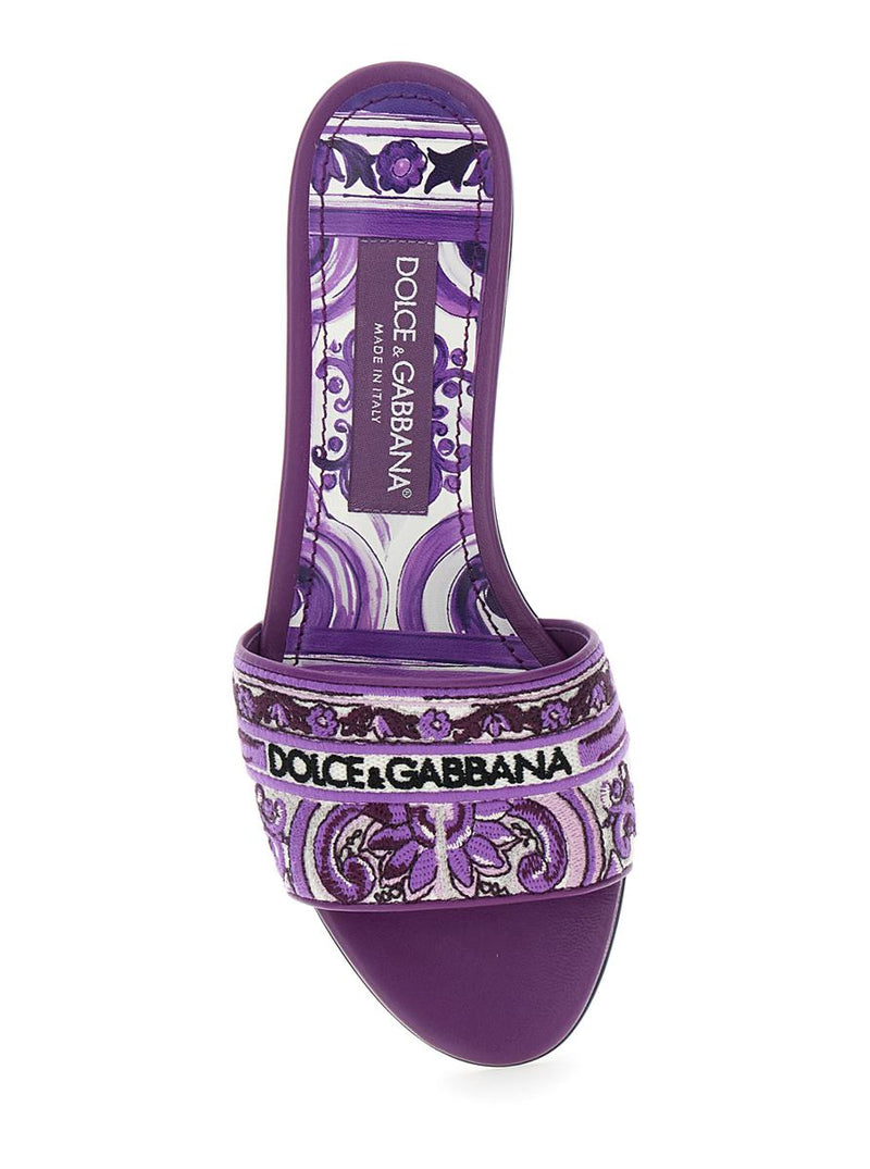 Violet Sandals With Logo Embroidery On The Front And All-Over Majolica Motif In Cotton Blend Woman