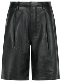 Michael Kors Black Pleated Leather Bermuda Shorts