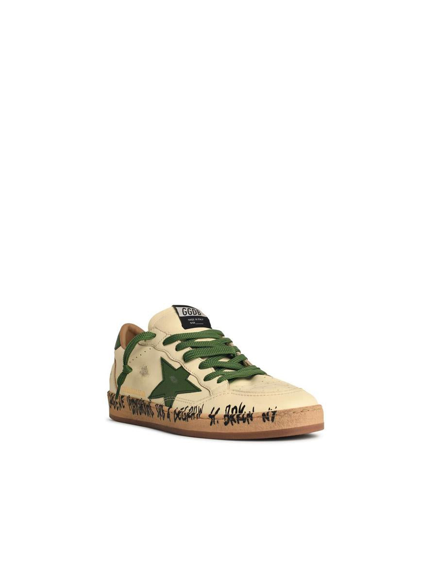 Golden Goose 'Ball-Star' White Nappa Leather Sneakers With Green Star And Heel