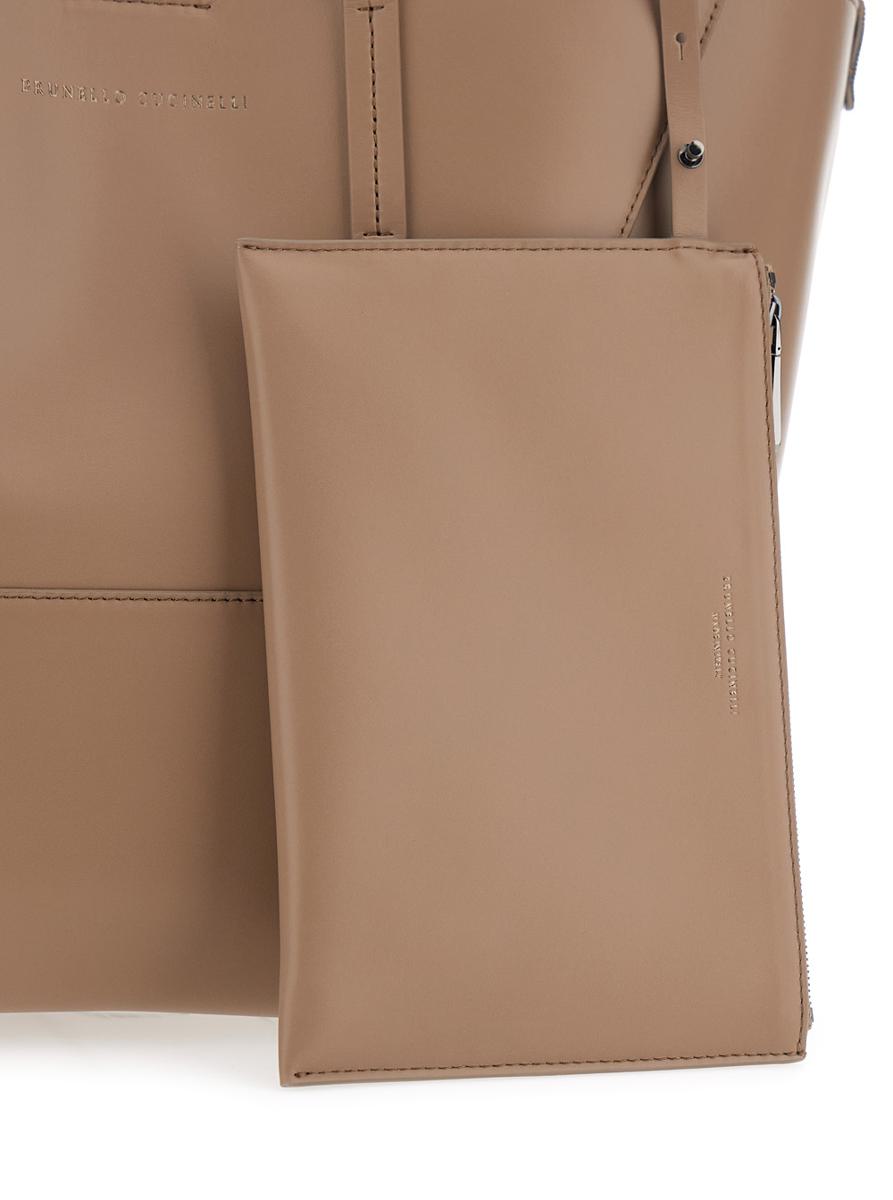 Beige Tote Bag With Logo Lettering On The Front And Geometric Panels Design In Leather Woman
