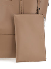 Beige Tote Bag With Logo Lettering On The Front And Geometric Panels Design In Leather Woman