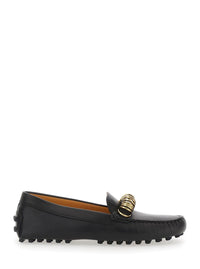 Black Loafers With Ring Detail On The Front And Rubber Sole In Leather Woman