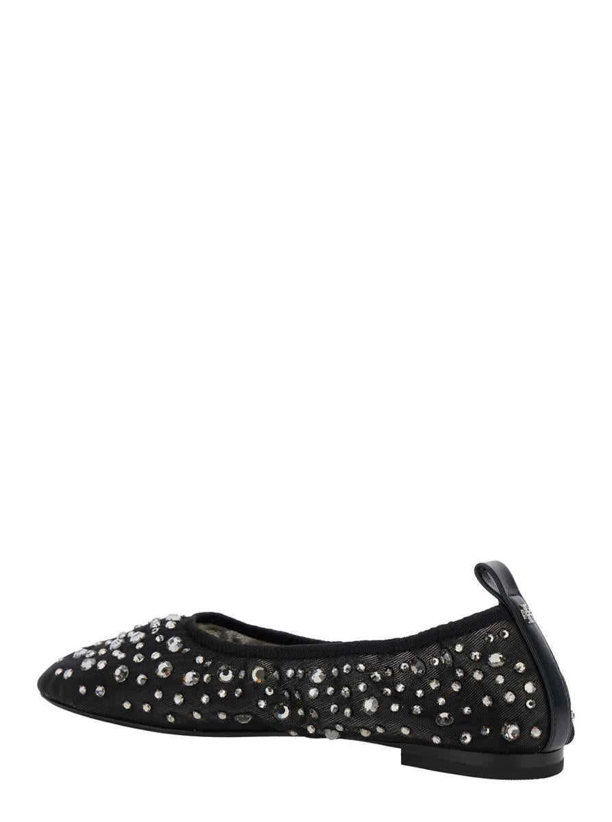 Black Ballet Flats With All-Over Crystals Application In Tech Fabric Woman