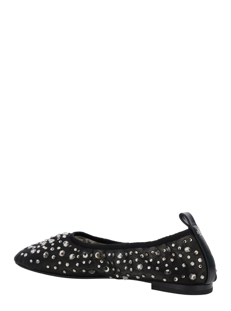 Black Ballet Flats With All-Over Crystals Application In Tech Fabric Woman