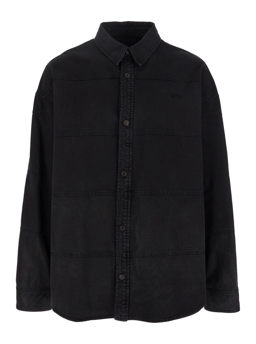 Black Shirt With Classic Collar And Tonal Logo Lettering Embroidery On The Front In Denim Man