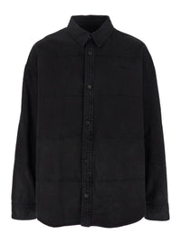 Black Shirt With Classic Collar And Tonal Logo Lettering Embroidery On The Front In Denim Man