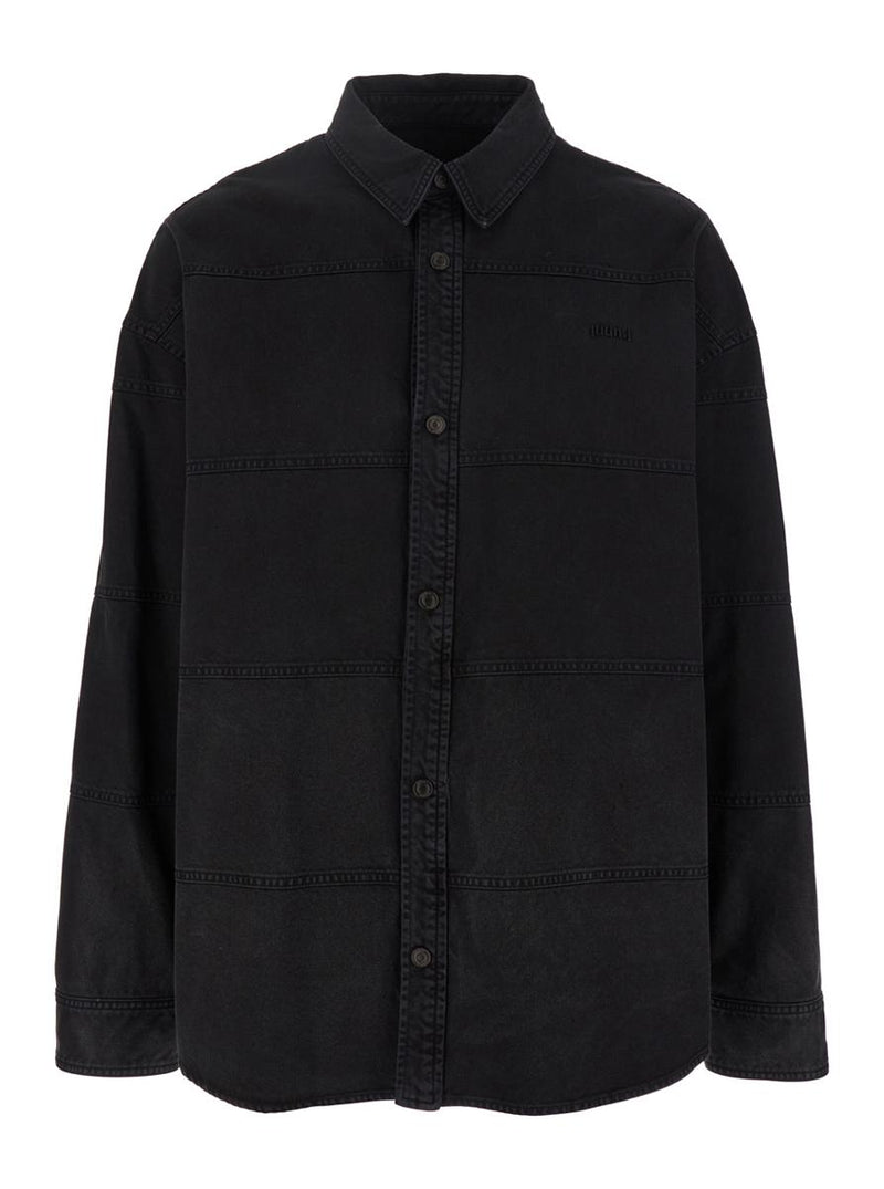 Black Shirt With Classic Collar And Tonal Logo Lettering Embroidery On The Front In Denim Man