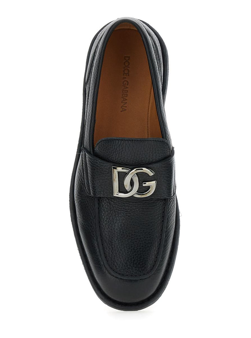 'Florio' Black Loafers With Dg Plaque On The Front In Grained Leather Man