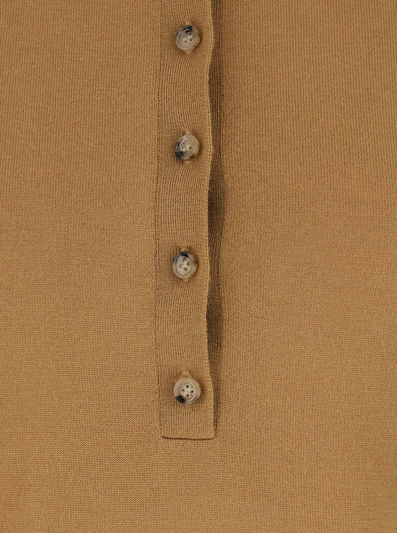 Beige Polo Style Sweater With Classic Collar In Wool Woman
