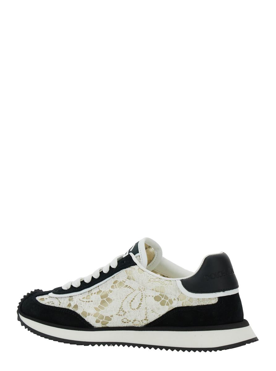 Black And White Low Top With Lace Details And Dg Patch On The Side In Fabric And Suede Blend Woman