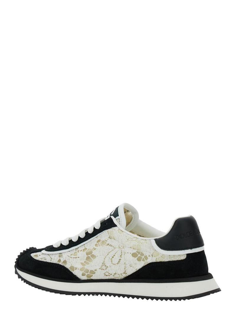 Black And White Low Top With Lace Details And Dg Patch On The Side In Fabric And Suede Blend Woman