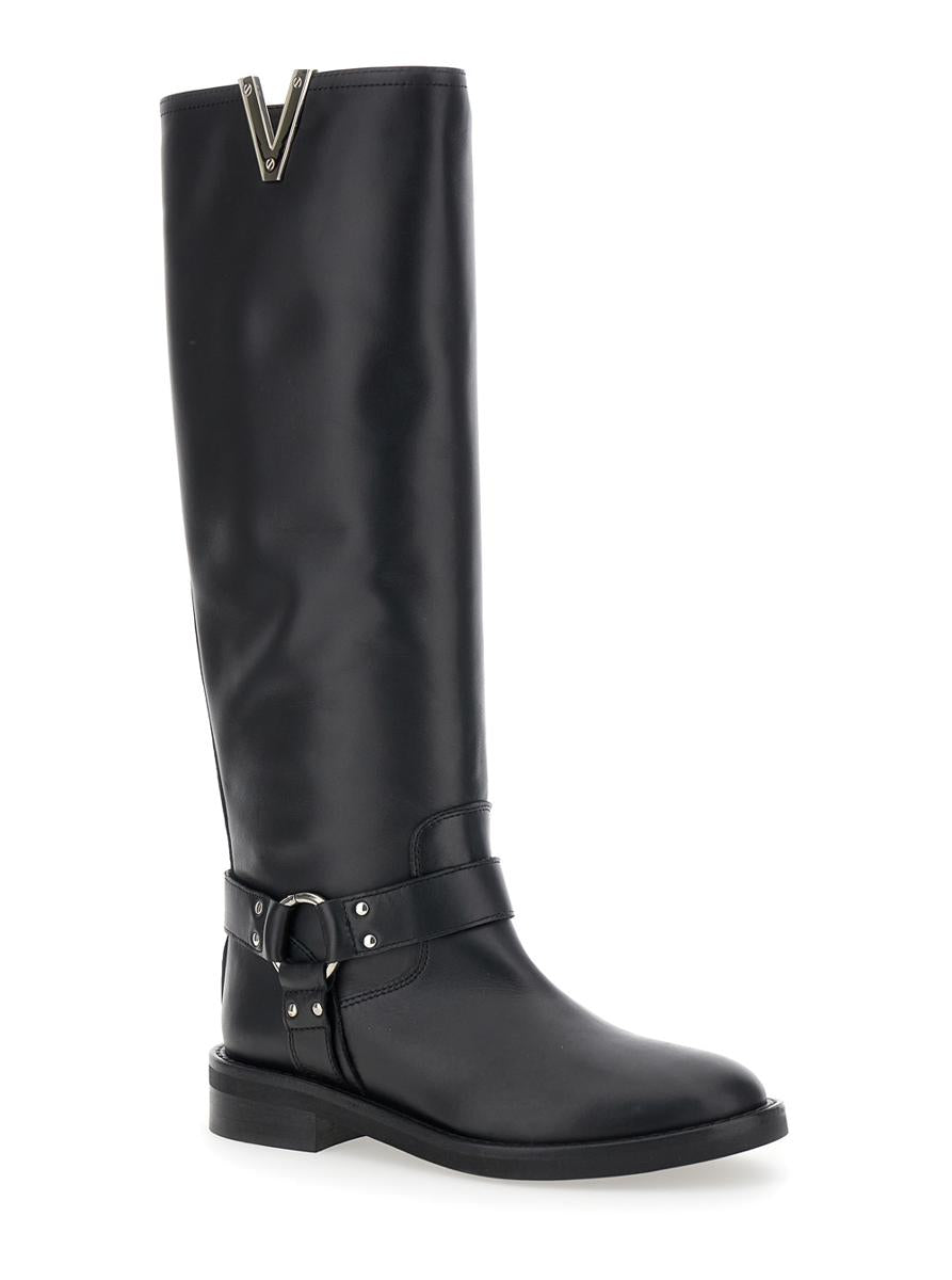 Black V-Detailed Knee Boots In Leather Woman