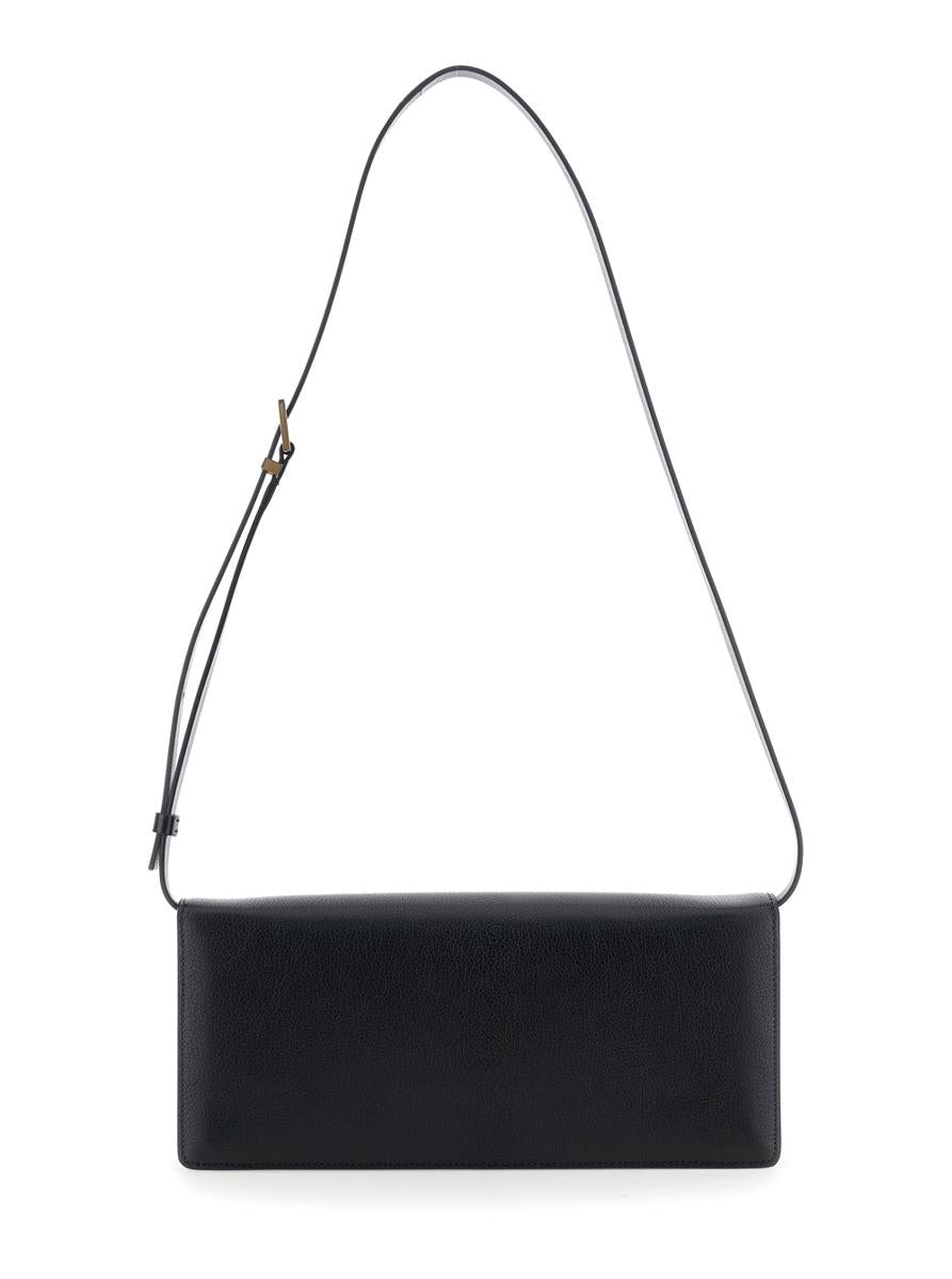 Black Crossbody Bag With Adjustable Shoulder Strap And T Plaque Closure In Grained Leather Woman