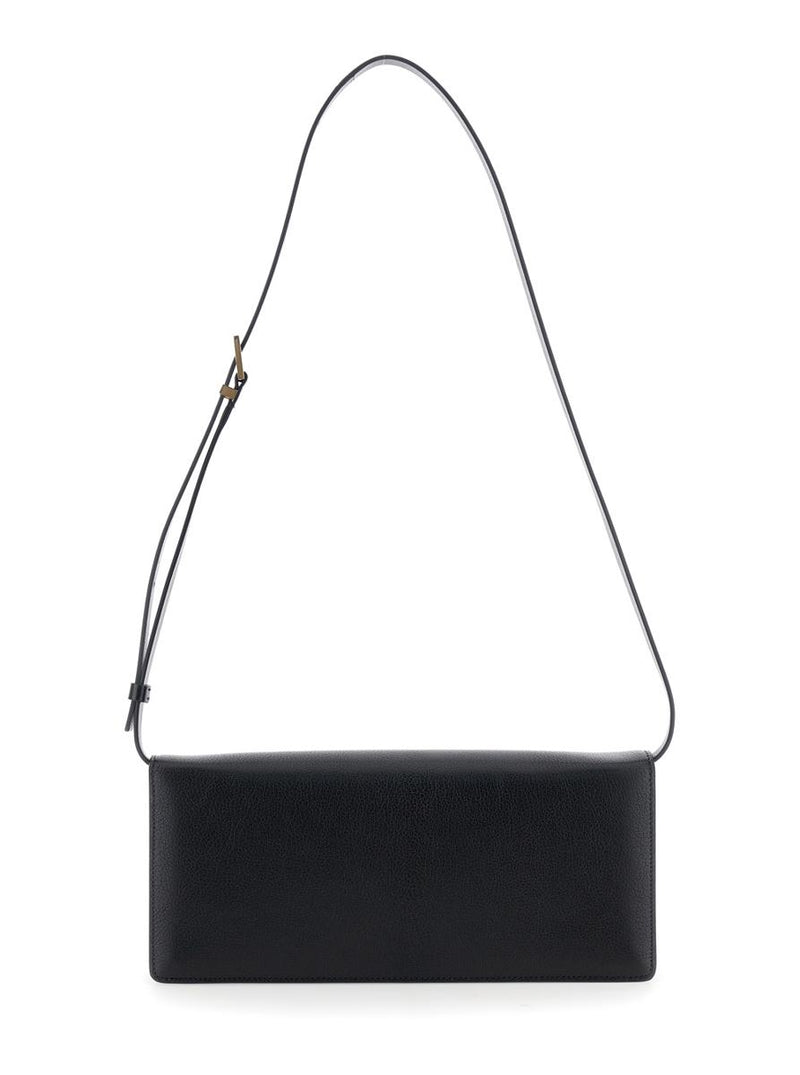 Black Crossbody Bag With Adjustable Shoulder Strap And T Plaque Closure In Grained Leather Woman