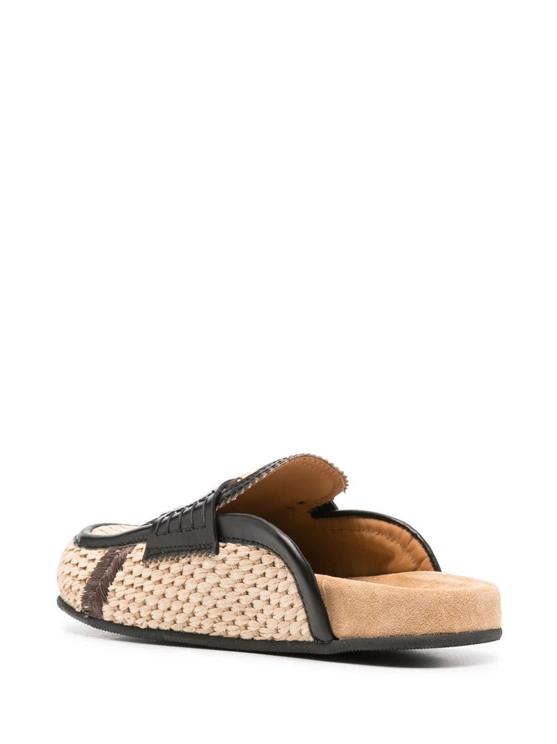 College Leather-Trim Raffia Mules