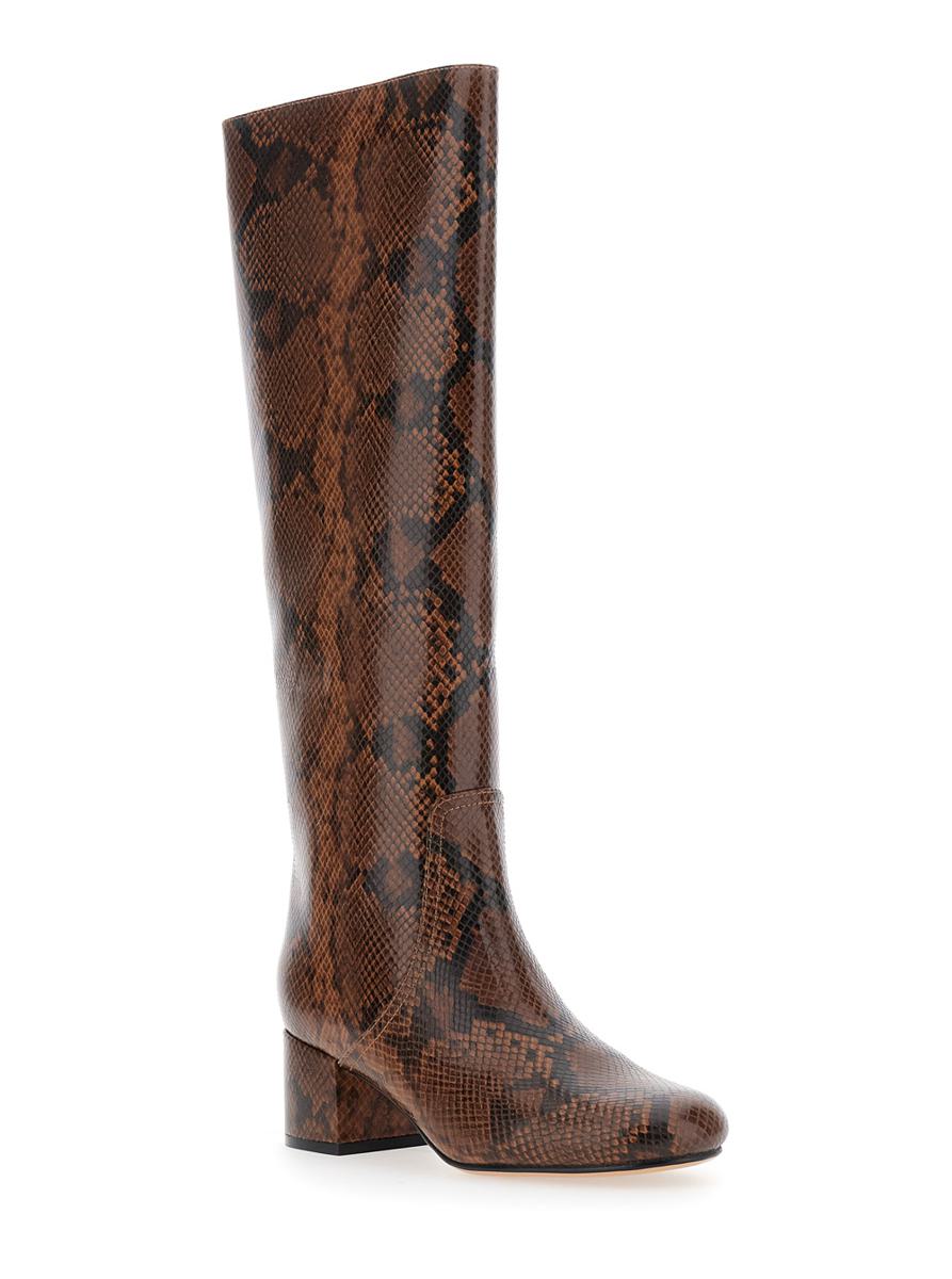 Brown Knee Boots With Python Effect In Leather Woman