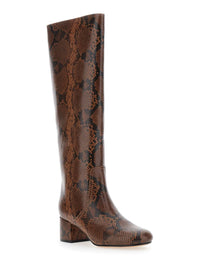 Brown Knee Boots With Python Effect In Leather Woman