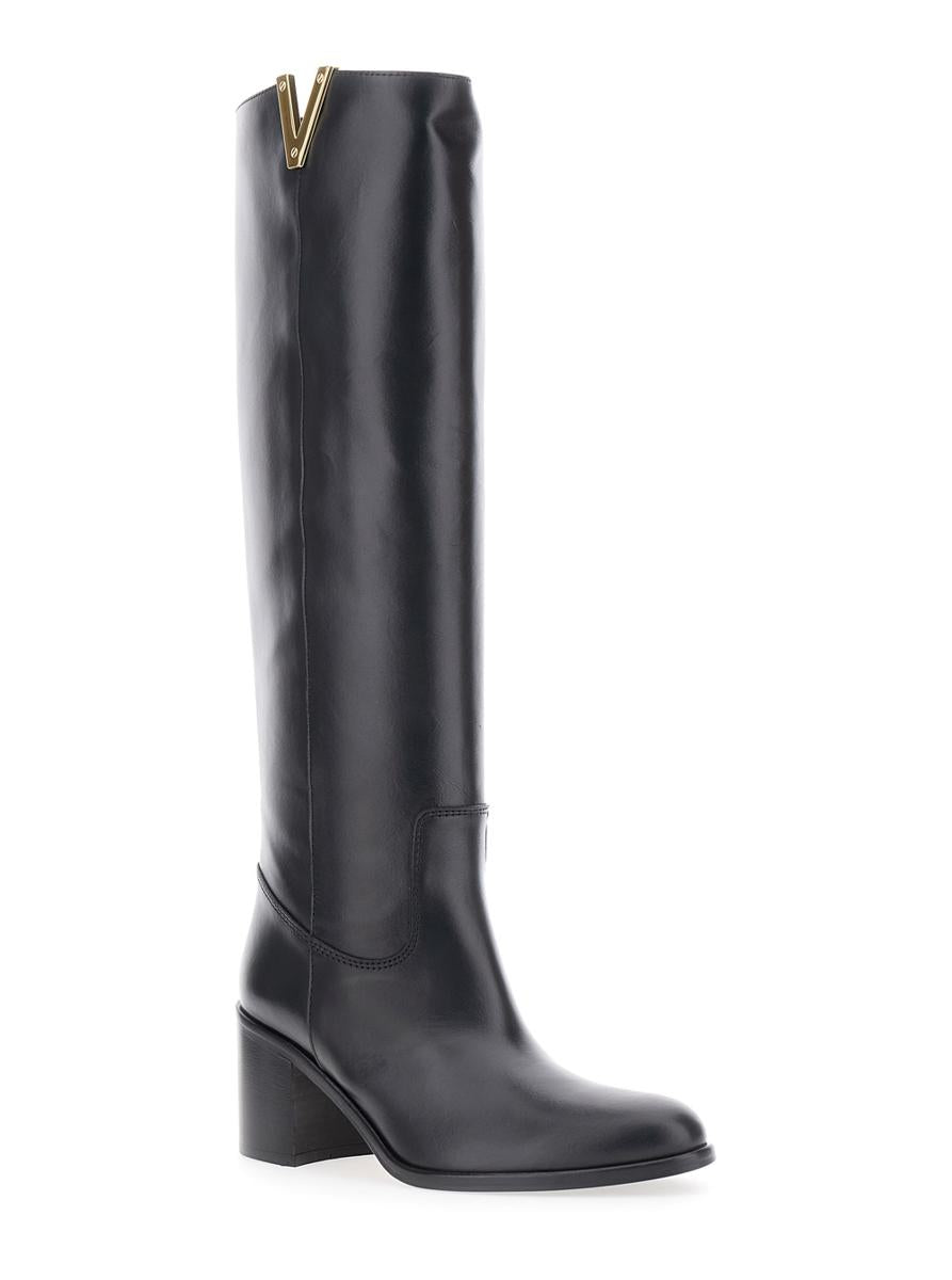 Black Knee-High Boots With Cut-Out On The Side And Logo Plaque In Leather Woman
